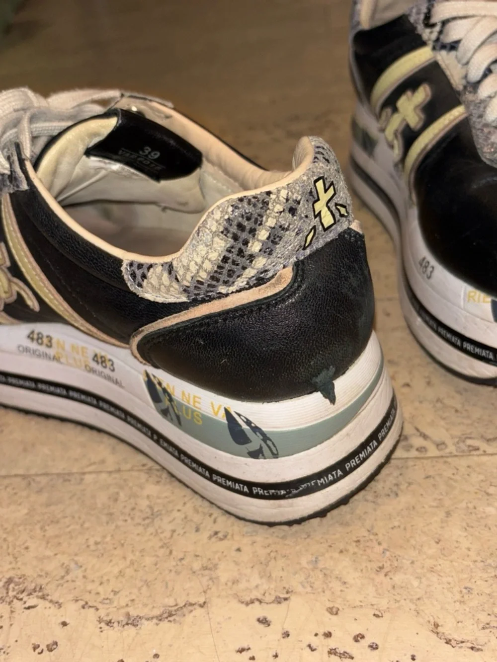 Premiata Black and Cream Platform Sneakers